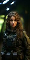 AI generated Beautiful young girl in full length military uniform with weapon in hands.Powered by Artificial Intelligence photo