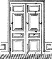 Door with two leaves C, Door, C, frame, M, Amount, P, billboards, T-rails, vintage engraving. vector