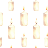 Watercolor seamless pattern of burning white beige wax candles with candlewick. Hand drawn illustration. Candlelight romantic clipart for gift wrapping, cover art, wallpaper. png