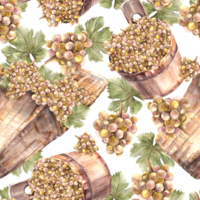 Aquarell nahtlos Muster. Bündel von Grün Gelb Trauben, Blätter mit Korb und Eimer von Ernte. Weinrebe Hand gemalt. Verpackung Papier, Etiketten. botanisch Illustration Hintergrund png