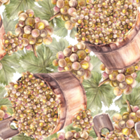 Watercolor seamless pattern. Bunch of green grapes, leaves with wooden bucket with the grape harvest. Grapevine hand painted. Wrapping paper, labels. Botanical illustration png
