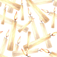 Watercolor seamless pattern of burning white beige wax candles with candlewick. Hand drawn illustration. Candlelight romantic clipart for gift wrapping, cover art, wallpaper. png