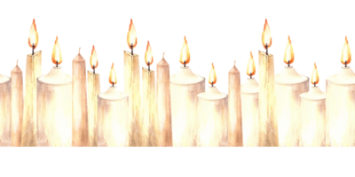 Watercolor seamless border, pattern of burning white beige wax candles with candlewick. Hand drawn illustration. Candlelight clipart for gift wrapping, cover art, wallpaper. png
