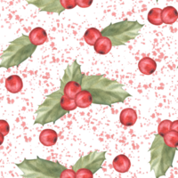 Watercolor painted illustration of red holly leaves and berries with splashes. Seamless pattern. Clipart for Christmas or New Year decor, gift wrapping, cover art, wallpaper. png