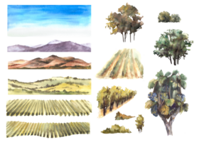 aguarela panorama com uva Campos, vinhas, arbustos, árvores, colinas, céu e montanhas. construtor montar você mesmo, vinificação modelo rótulo mão desenhar ilustração png