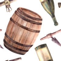 A bottle of white wine, wooden barrel, tap and corkscrew seamless pattern. Watercolour hand draw illustration. Wine making repeating clipart for wallpaper, wrapping, print, background png