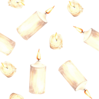 Watercolor seamless pattern of burning white beige wax candles with candlewick. Hand drawn illustration. Candlelight romantic clipart for gift wrapping, cover art, wallpaper. png