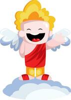 Cute vector illustration of smiling cupid dressed in red standing on a cloud and waving white background.