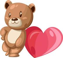 Brown and white bear leaning on a big pink heart vector illustration on white background.