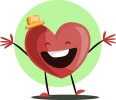 Big red heart witha yellow hat laughing with arms wide open vector illustrtation in light green circle on white background.