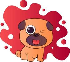 Brown and purple puppy sticking out his tounge vector illistration in red blob on white background.