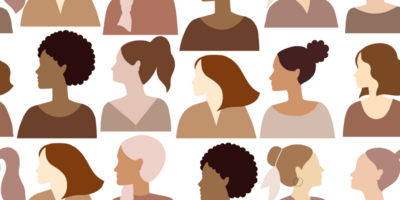 Seamless pattern illustration with women different nationalities and cultures. Hand drawn girl portrait. Multinational group of women in trendy warm brown color palette flat style. 8 march png