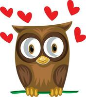 Brown owl in a green branch with red hearts vector illustration on white background.