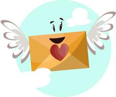 Dark yellow envelope with a red heart and wings smiling vector illustrtation in light blue circle on white background.