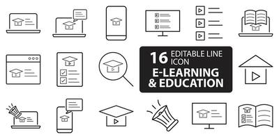 E-learning Black and White icon set. Online education Elements Outline editable icon set. Thin line icons set. Smart Learning. Online tuition, e-learning, video courses, Graduation, Education Modern. vector