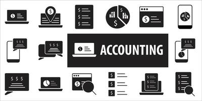 Accounting set of web icons in line style. Accounting and audit icons for web and mobile app. Containing finance report and invoice, tax return, accounting, auditing, inspection.black fill icon, ... vector