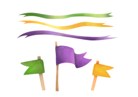 waterverf Purper, groente, geel linten, vlag Aan vlaggenmast set. hand- getrokken golvend vlag verzameling geïsoleerd Aan transparant achtergrond. uitknippen klem kunst feestelijk ontwerp element. mardi gras accessoires png