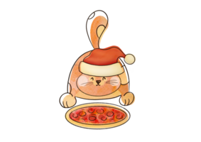 watercolor cat in Santa Claus hat and pizza. domestic animal, festive dinner new year christmas home decoration poster, party flyer. holiday cute illustration on transparent background png