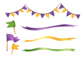 Watercolor purple, green, yellow ribbons, flag on flagpole set. Hand drawn waving flag collection isolated on transparent background. cutout clip art festive design element. Mardi Gras accessories png