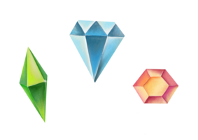 watercolor clip art, cutout gemstones illustration isolated on transparent background. green octahedron, diamond, ruby jewels set. chakra stones, healing crystals, talismans for magical staff, amulets png