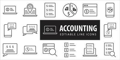 Accounting set of web icons in line style. Accounting and audit icons for web and mobile app. Containing finance report and invoice, tax return, accounting, auditing, inspection. Editable Line, ... vector