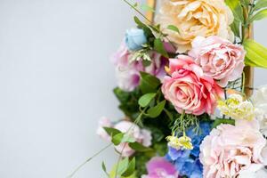 Flowers composition. Lilac and purple flowers on gray texture background background. Spring, easter concept. Flat lay, top view, copy space. photo