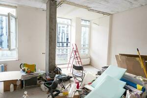 gypsum walls in apartment is under construction, remodeling, renovation, extension, restoration and reconstruction. photo