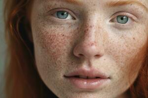 AI generated a close up of a woman with freckles,rosacea couperose redness skin photo