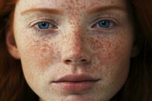 AI generated a close up of a woman with freckles,rosacea couperose redness skin photo