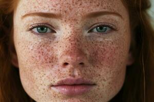 AI generated a close up of a woman with freckles,rosacea couperose redness skin photo