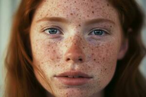 AI generated a close up of a woman with freckles,rosacea couperose redness skin photo