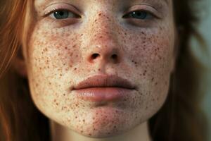AI generated a close up of a woman with freckles,rosacea couperose redness skin photo
