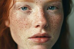 AI generated a close up of a woman with freckles,rosacea couperose redness skin photo