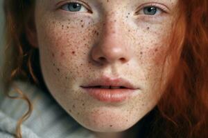 AI generated a close up of a woman with freckles,rosacea couperose redness skin photo