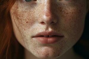 AI generated a close up of a woman with freckles,rosacea couperose redness skin photo