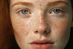 AI generated a close up of a woman with freckles,rosacea couperose redness skin photo