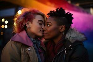 AI generated LGBT Lesbian couple love moments happiness.Lgbt relationship concept photo