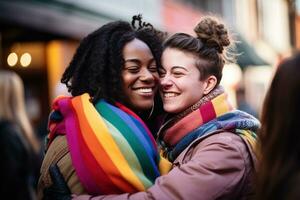 AI generated LGBT Lesbian couple love moments happiness.Lgbt relationship concept photo