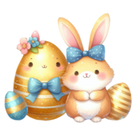 AI generated Watercolor golden egg and cute bunny, hand drawn pastel Easter egg day. on transparency png file format