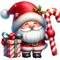 schattig gnoom de kerstman claus tekenfilm hand- trek tekenfilm stijl en Kerstmis boom, de kerstman Holding geschenk doos met snoep riet waterverf clip art Aan PNG transparantie