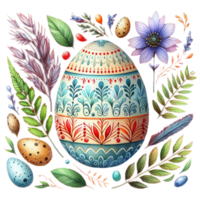 AI generated Watercolor colorful cute easter eggs style with flower in bamboo basket , hand drawn pastel Easter egg day. on transparency png file format
