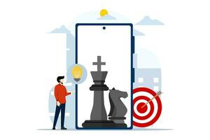 Business strategy concept. Chess game. Big chess pieces and small people work in data analysis, strategic planning and successful business. modern flat cartoon. Vector illustration on white background