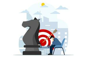 Business strategy concept. Chess game. Big chess pieces and small people work in data analysis, strategic planning and successful business. modern flat cartoon. Vector illustration on white background