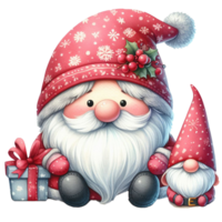 carino gnomo Santa Claus cartone animato mano disegnare cartone animato stile e Natale albero, Santa Tenere regalo scatola con caramella canna acquerello clipart su png trasparenza