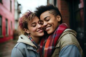 ai generado lgbt lesbiana Pareja amor momentos felicidad.lgbt relación concepto foto