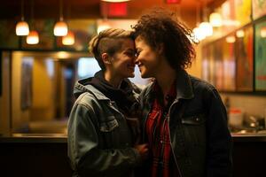 AI generated LGBT Lesbian couple love moments happiness.Lgbt relationship concept photo