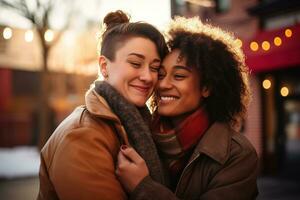 AI generated LGBT Lesbian couple love moments happiness.Lgbt relationship concept photo