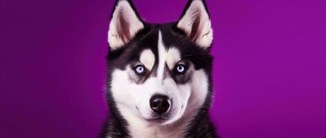 ai generado un de cerca retrato de un fornido perro con azul ojos y un púrpura antecedentes foto