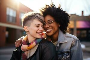 ai generado lgbt lesbiana Pareja amor momentos felicidad.lgbt relación concepto foto