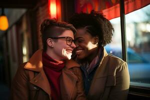 AI generated LGBT Lesbian couple love moments happiness.Lgbt relationship concept photo